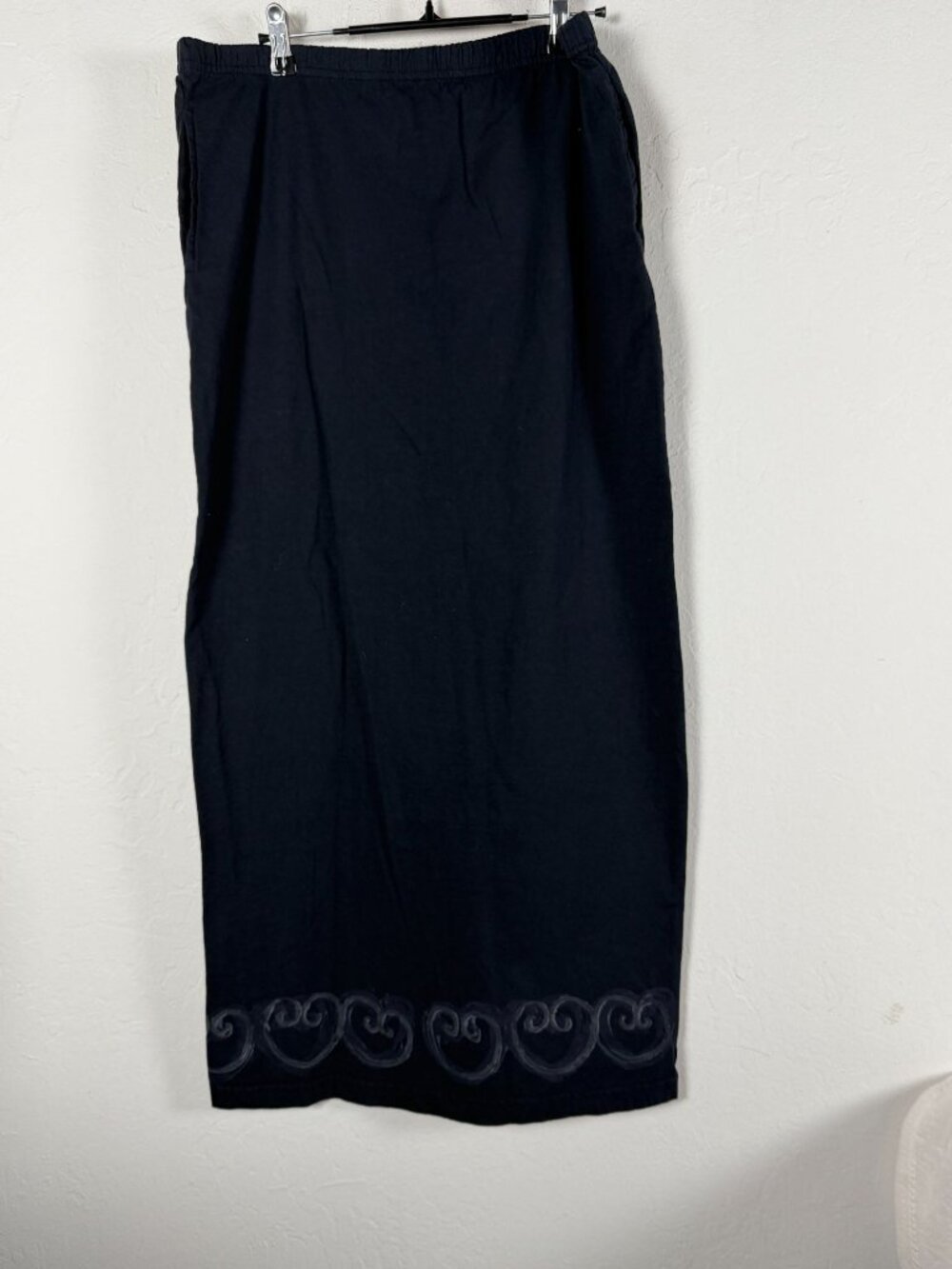 Vintage Blue Fish Maxi Skirt Women Large Black Hand Block Print Lagenlook Cotton